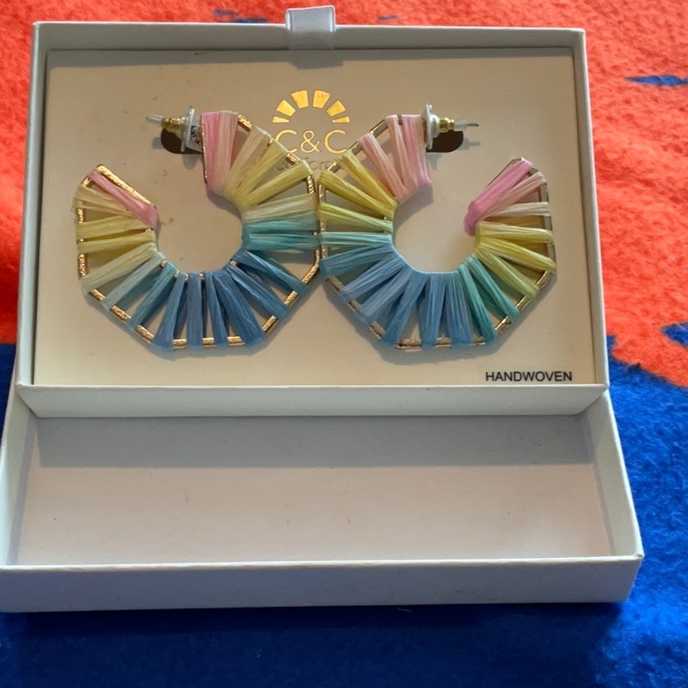 C&C California Handwoven Raffia Pastel Colored & Gold Tone Earrings, NIB